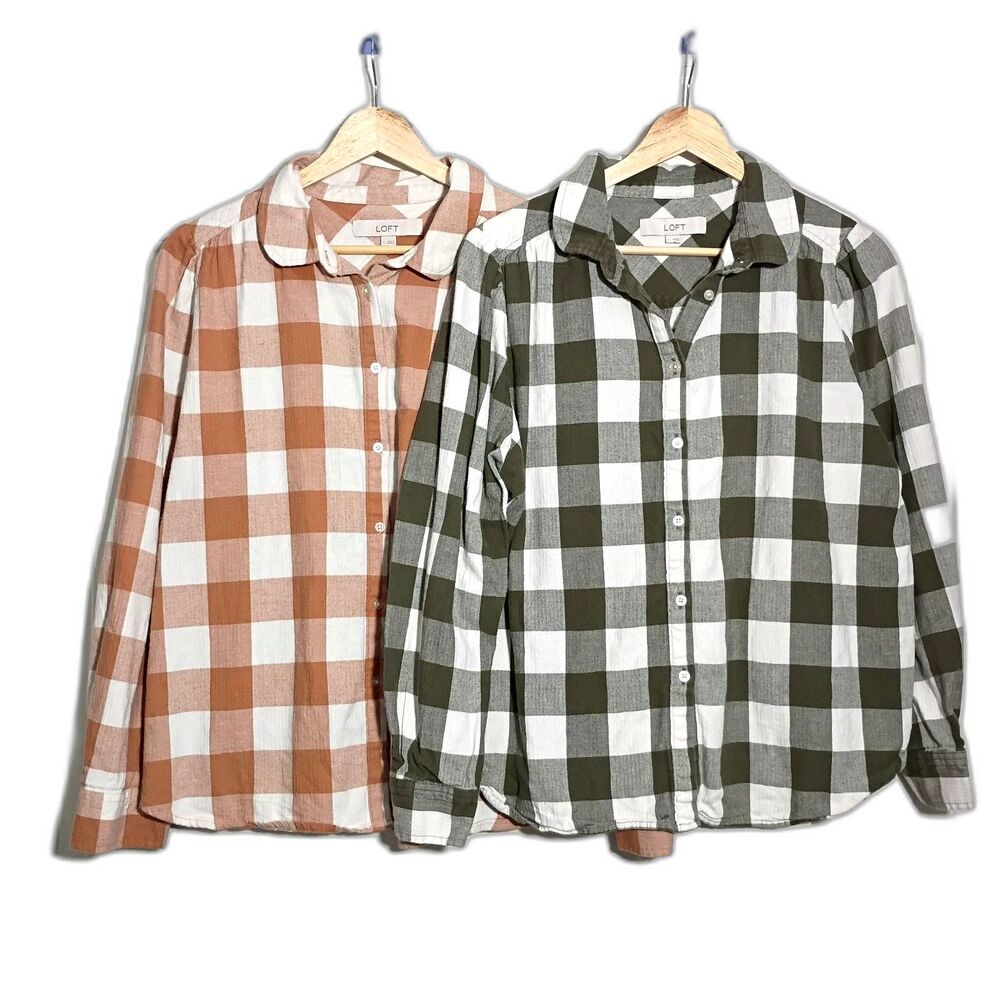 Lot of 2 Loft Plaid Flannel Button Up Shirts Green Tan Buffalo Gingham Print L